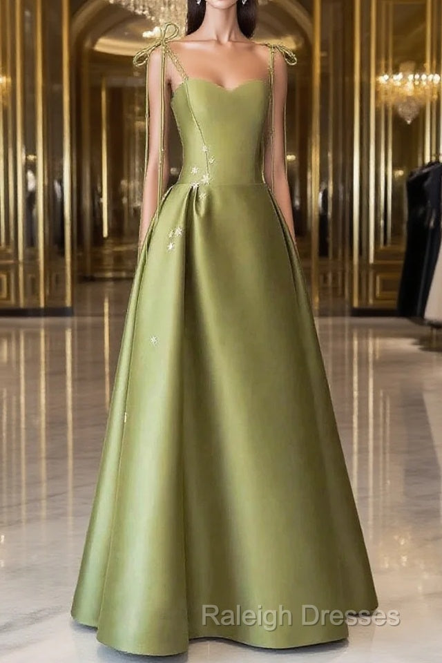 Pretty Ball Gown Straps Sage Green Satin Long Length Evening Dress Prom Dresses Main image