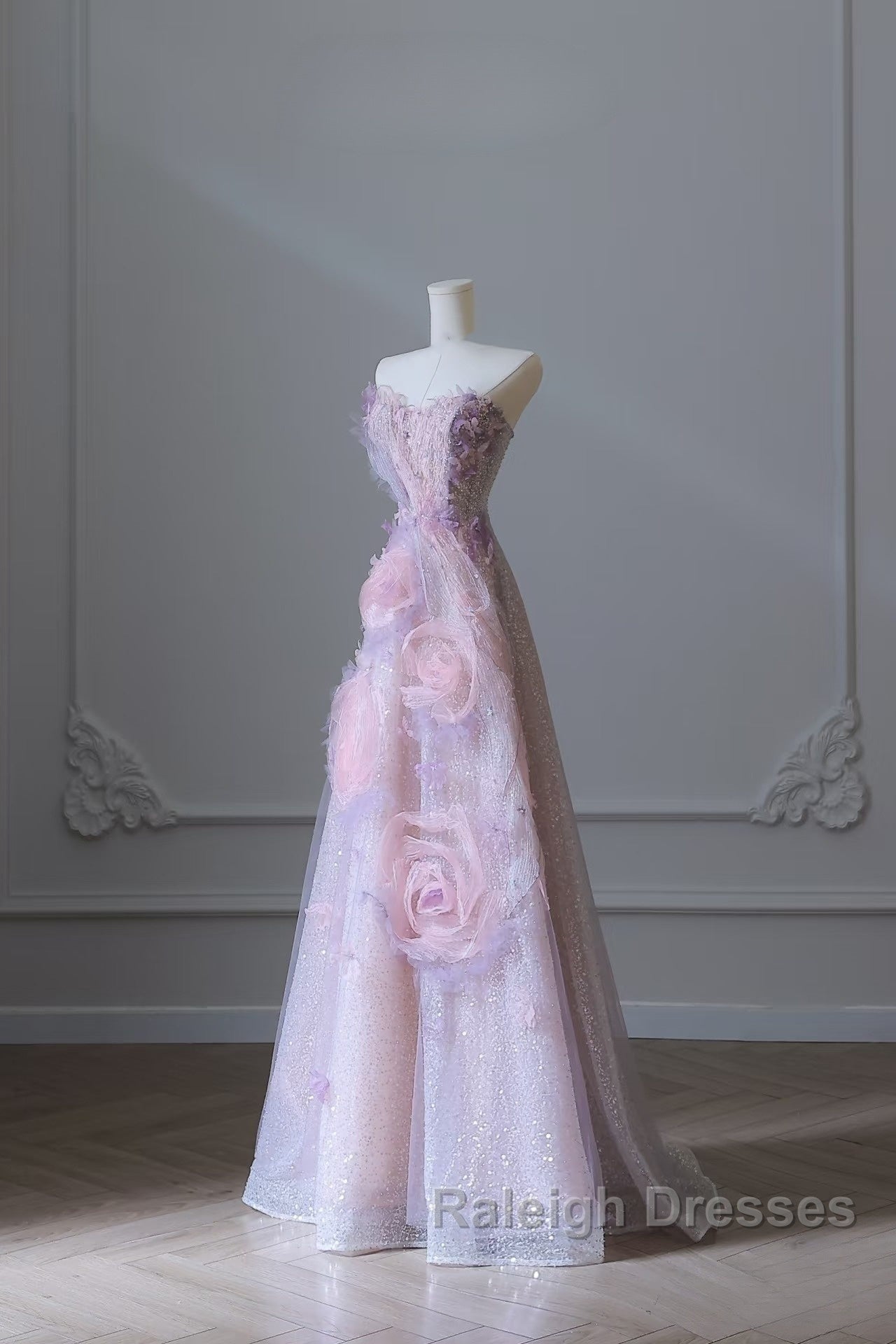 Pretty Ball Gown Sweetheart Pink Floral Tulle Long Prom Dresses Evening Gowns Secondary image