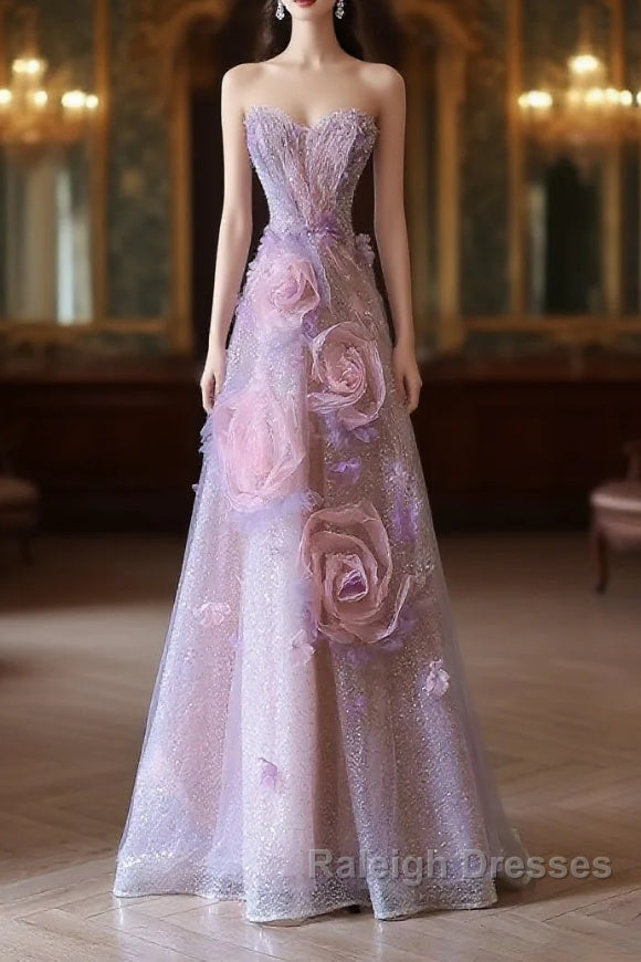 Pretty Ball Gown Sweetheart Pink Floral Tulle Long Prom Dresses Evening Gowns Main image