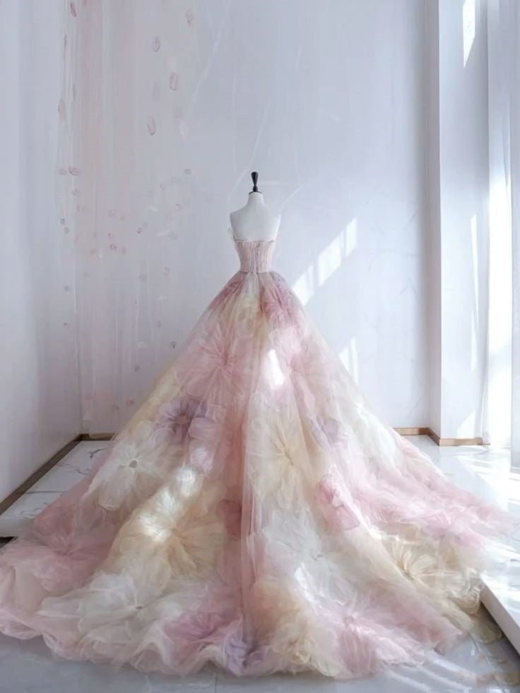 Pretty Ball Gowns Sweetheart Pink Flowers Tulle Long Quinceanera Dresses Prom Short Sleeves Flowers Vestido De 15 Anos Sweet 16 Dresses