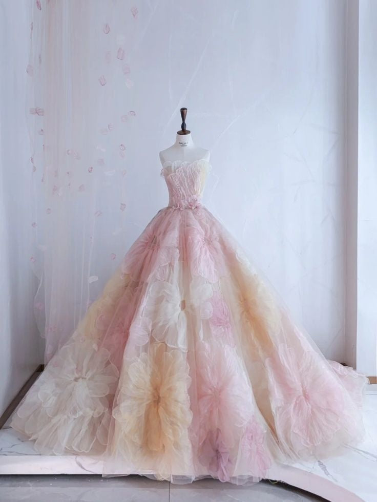 Pretty Ball Gowns Sweetheart Pink Flowers Tulle Long Quinceanera Dresses Prom Short Sleeves Flowers Vestido De 15 Anos Sweet 16 Dresses Main image