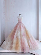 Pretty Ball Gowns Sweetheart Pink Flowers Tulle Long Quinceanera Dresses Prom Short Sleeves Flowers Vestido De 15 Anos Sweet 16 Dresses
