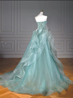 Pretty Ball Gown Sweetheart Tulle Green Long Evening Dress Prom Dresses With Ruffles