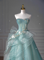 Pretty Ball Gown Sweetheart Tulle Green Long Evening Dress Prom Dresses With Ruffles
