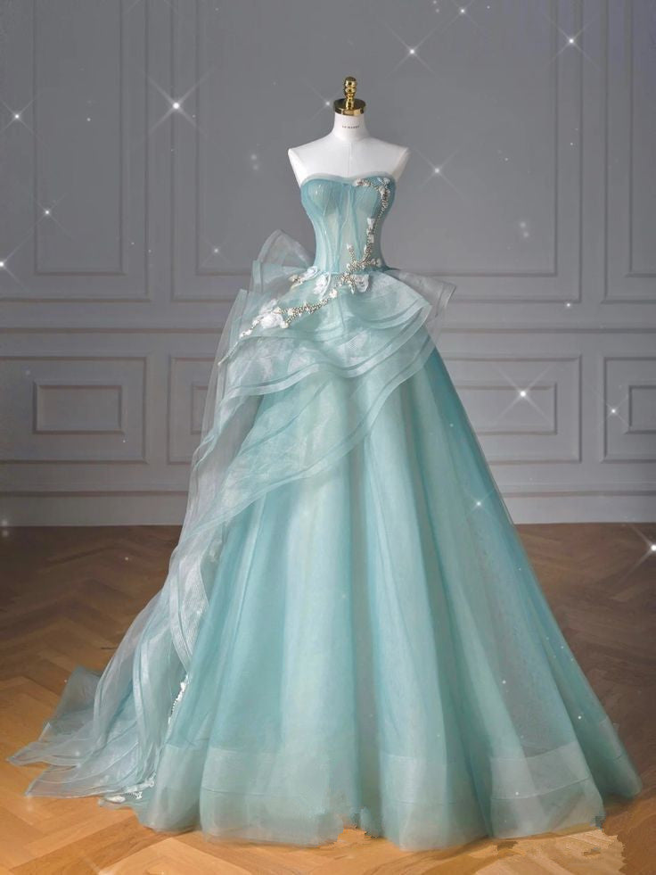 Pretty Ball Gown Sweetheart Tulle Green Long Evening Dress Prom Dresses With Ruffles