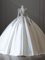 Pretty Ball Gowns V Neckline Long Sleeves Sequin White Wedding Dress Brides Dresses