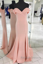 Pretty Blush Pink Mermaid V-Neck Off Shoulder Prom Dresses Long