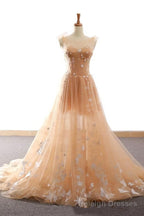 Pretty Champagne Straps Custom Tulle Prom Dress, Lace Applique Formal Dress