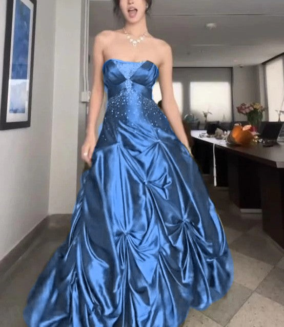 Pretty Forest Green A-Line Prom Dress Long With Silver Beads Sweet Strapless Satin Prom Dress