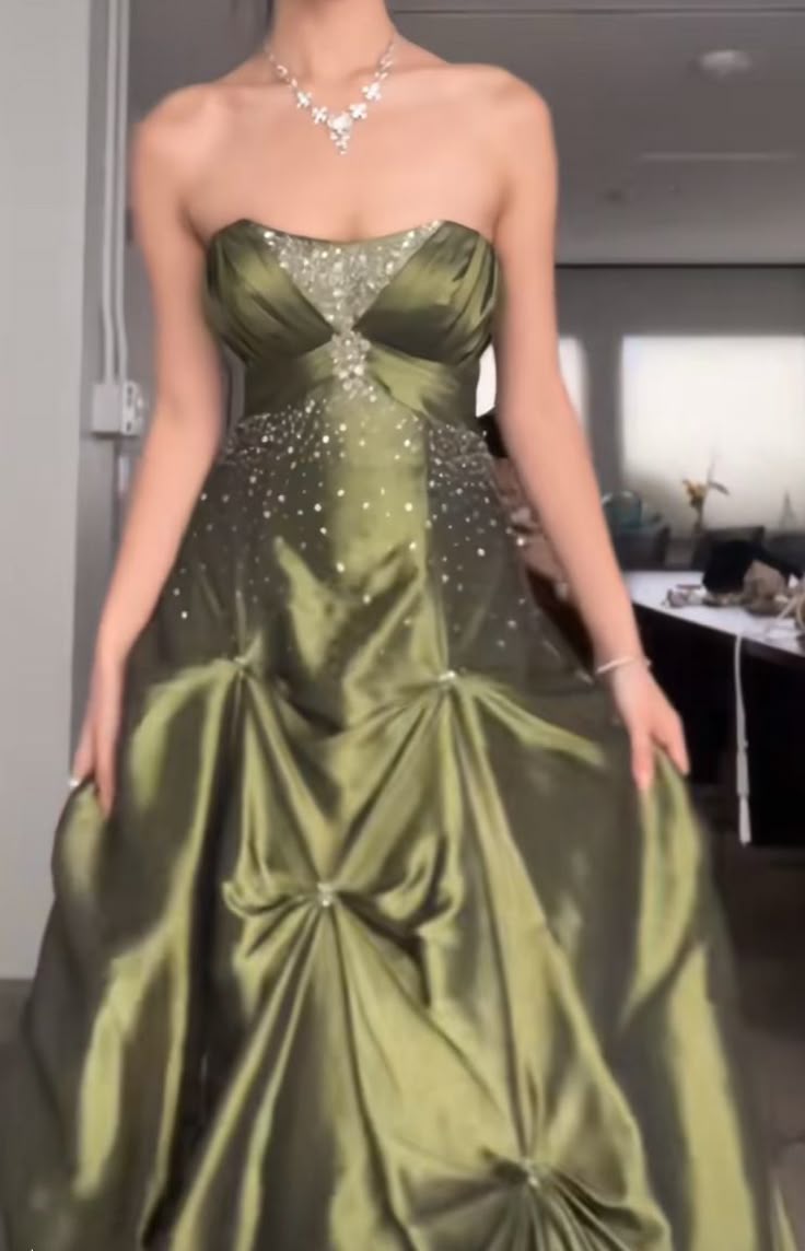 Pretty Forest Green A-Line Prom Dress Long With Silver Beads Sweet Strapless Satin Prom Dress