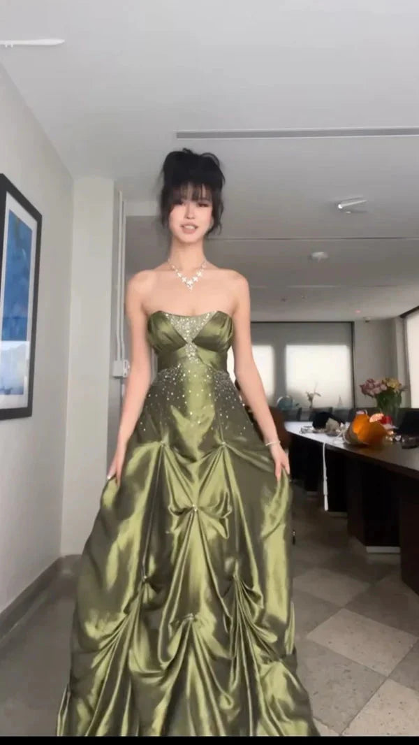 Pretty Forest Green A-Line Prom Dress Long With Silver Beads Sweet Strapless Satin Prom Dress