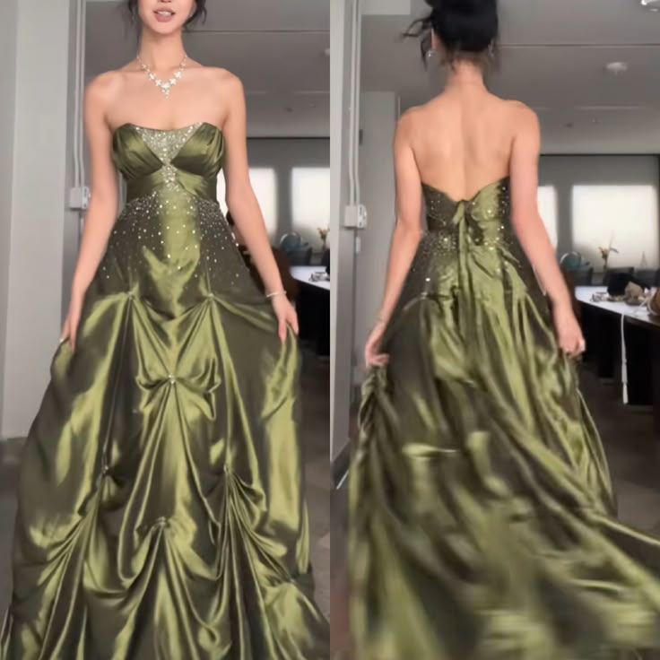 Pretty Forest Green A-Line Prom Dress Long With Silver Beads Sweet Strapless Satin Prom Dress