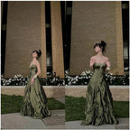 Pretty Forest Green A-Line Prom Dress Long With Silver Beads Sweet Strapless Satin Prom Dress