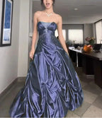 Pretty Forest Green A-Line Prom Dress Long With Silver Beads Sweet Strapless Satin Prom Dress