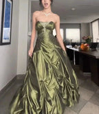 Pretty Forest Green A-Line Prom Dress Long With Silver Beads Sweet Strapless Satin Prom Dress