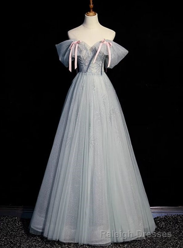 Pretty Gray Tulle Off the Shoulder Beading Bow Prom Dress Main image