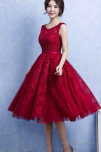 Pretty Handmade Knee Length Dark Red Lace Junior Prom Dresses Beautiful Tulle Dresses