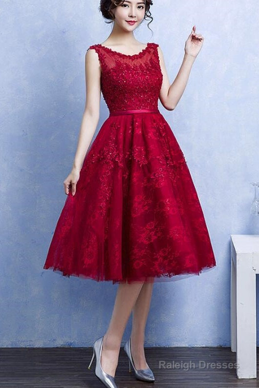 Pretty Handmade Knee Length Dark Red Lace Junior Prom Dresses Beautiful Tulle Dresses