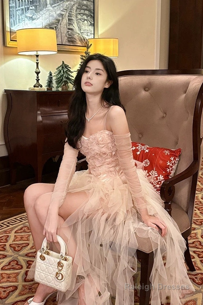 Pretty High Low Spaghetti Straps Tulle Pink Floral Ankle Length Evening Dress Prom Dresses