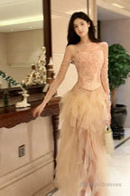 Pretty High Low Spaghetti Straps Tulle Pink Floral Ankle Length Evening Dress Prom Dresses