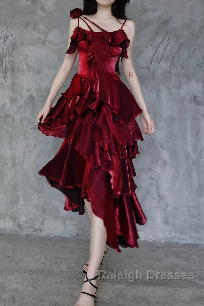 Pretty Irregular Ruffled Spaghetti Straps Burgundy Prom Dresses With Detachable Rose Long Birthday Dress For Women