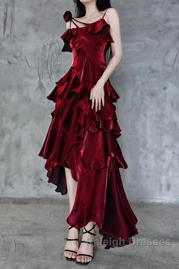Pretty Irregular Ruffled Spaghetti Straps Burgundy Prom Dresses With Detachable Rose Long Birthday Dress For Women