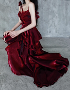 Pretty Irregular Ruffled Spaghetti Straps Burgundy Prom Dress With Detachable Rose Long Birthday Dresses For Women