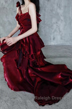 Pretty Irregular Ruffled Spaghetti Straps Burgundy Prom Dresses With Detachable Rose Long Birthday Dress For Women