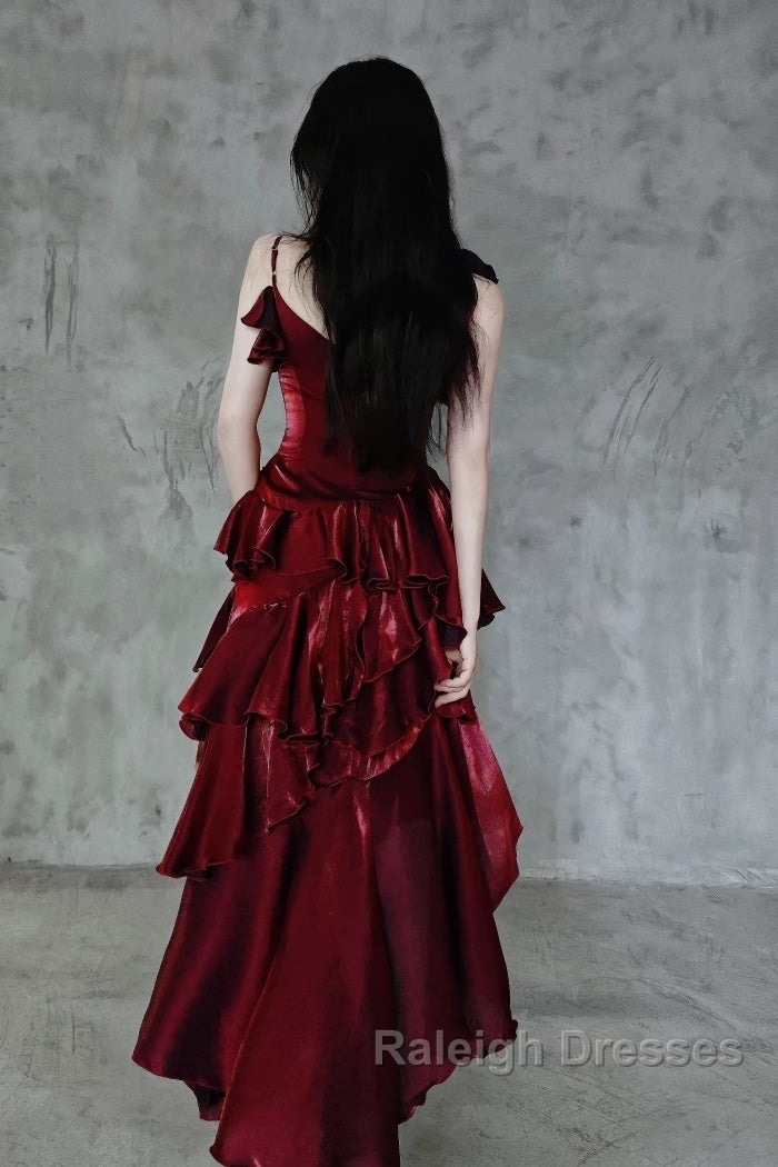 Pretty Irregular Ruffled Spaghetti Straps Burgundy Prom Dresses With Detachable Rose Long Birthday Dress For Women