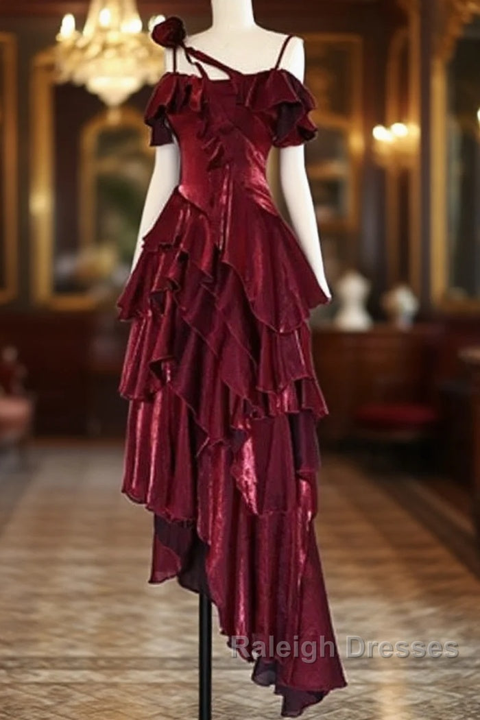Pretty Irregular Ruffled Spaghetti Straps Burgundy Prom Dresses With Detachable Rose Long Birthday Dress For Women