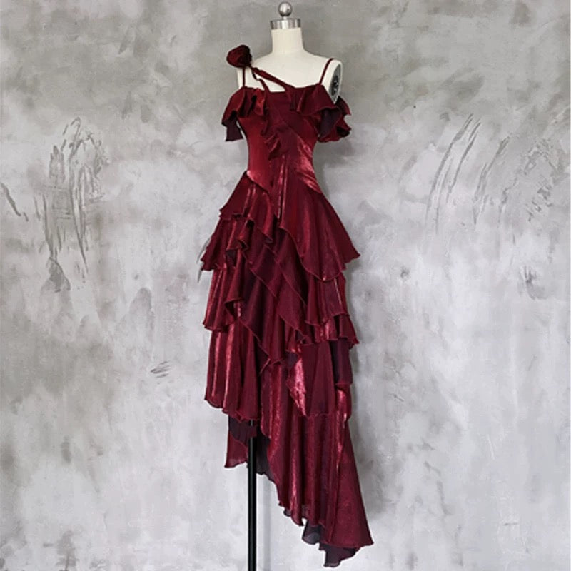 Pretty Irregular Ruffled Spaghetti Straps Burgundy Prom Dress With Detachable Rose Long Birthday Dresses For Women