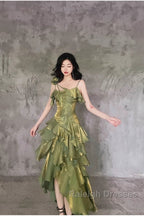 Pretty Irregular Ruffled Spaghetti Straps Green Prom Dresses With Detachable Rose Long Birthday Dress For Women