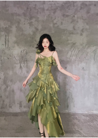 Pretty Irregular Ruffled Spaghetti Straps Green Prom Dress With Detachable Rose Long Birthday Dresses For Women