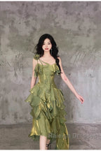 Pretty Irregular Ruffled Spaghetti Straps Green Prom Dresses With Detachable Rose Long Birthday Dress For Women