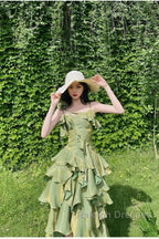 Pretty Irregular Ruffled Spaghetti Straps Green Prom Dresses With Detachable Rose Long Birthday Dress For Women