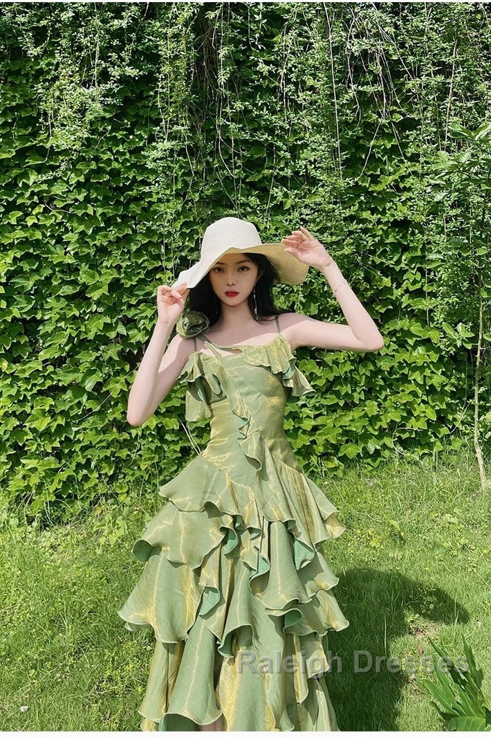 Pretty Irregular Ruffled Spaghetti Straps Green Prom Dresses With Detachable Rose Long Birthday Dress For Women