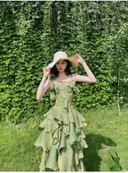 Pretty Irregular Ruffled Spaghetti Straps Green Prom Dress With Detachable Rose Long Birthday Dresses For Women
