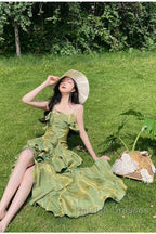 Pretty Irregular Ruffled Spaghetti Straps Green Prom Dresses With Detachable Rose Long Birthday Dress For Women