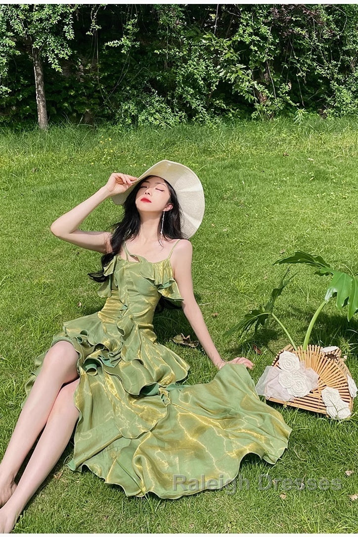 Pretty Irregular Ruffled Spaghetti Straps Green Prom Dresses With Detachable Rose Long Birthday Dress For Women