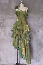 Pretty Irregular Ruffled Spaghetti Straps Green Prom Dresses With Detachable Rose Long Birthday Dress For Women