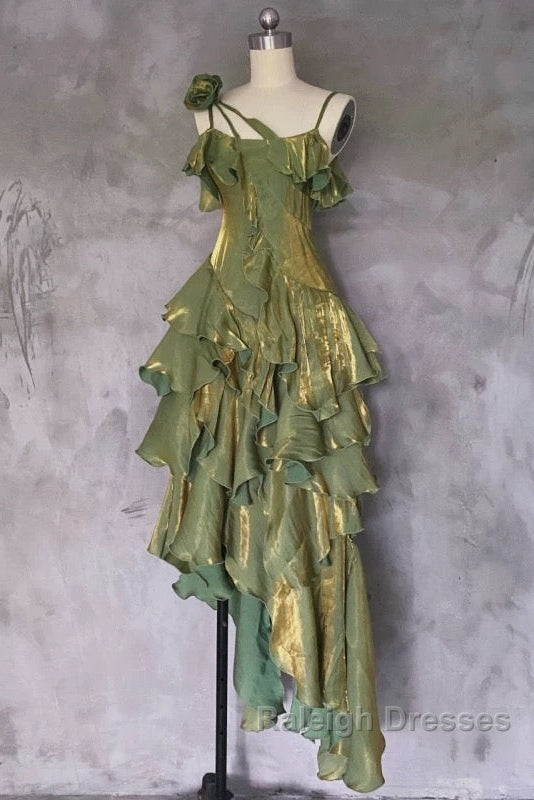 Pretty Irregular Ruffled Spaghetti Straps Green Prom Dresses With Detachable Rose Long Birthday Dress For Women