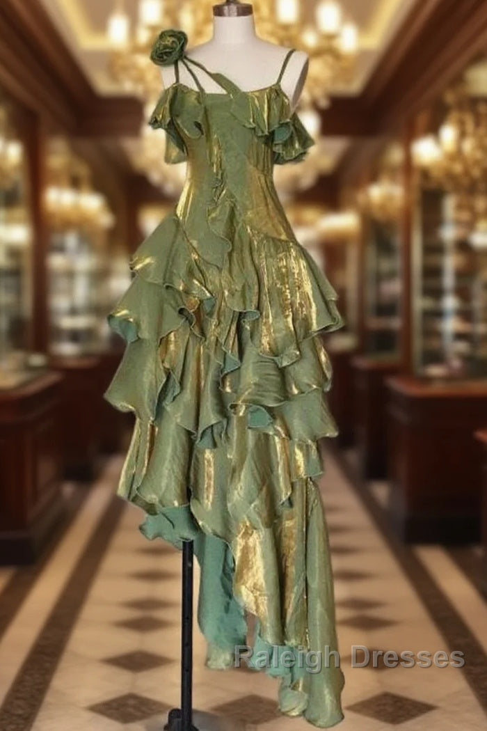 Pretty Irregular Ruffled Spaghetti Straps Green Prom Dresses With Detachable Rose Long Birthday Dress For Women Main image