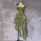 Pretty Irregular Ruffled Spaghetti Straps Green Prom Dress With Detachable Rose Long Birthday Dresses For Women