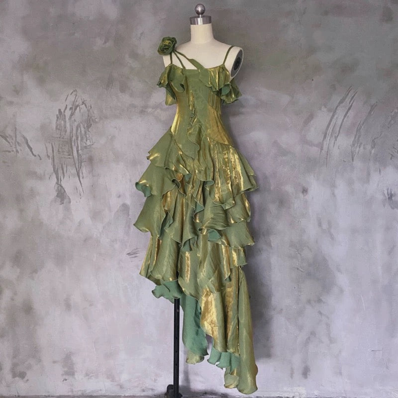 Pretty Irregular Ruffled Spaghetti Straps Green Prom Dress With Detachable Rose Long Birthday Dresses For Women