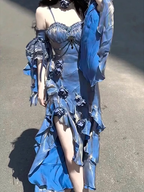 Pretty Sheath Irregular Ruffled Spaghetti Straps Women Blue Long Birthday Prom Dress