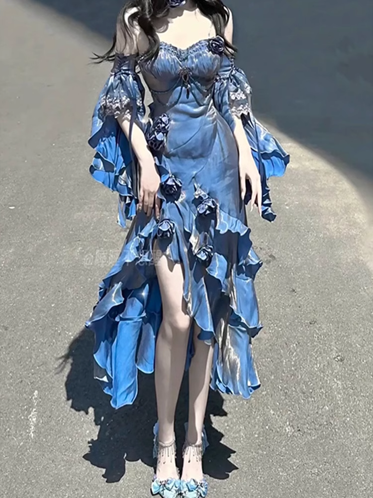 Pretty Sheath Irregular Ruffled Spaghetti Straps Women Blue Long Birthday Prom Dress
