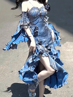 Pretty Sheath Irregular Ruffled Spaghetti Straps Women Blue Long Birthday Prom Dress