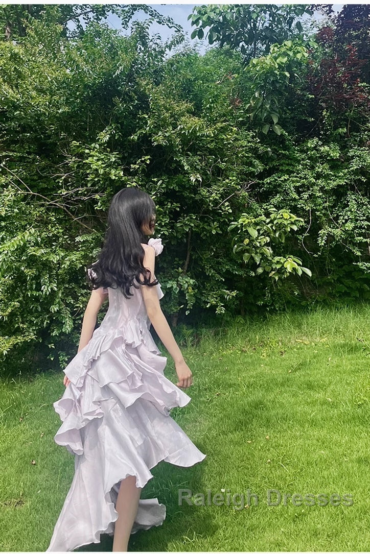 Pretty Irregular Ruffled Suspender Prom Dresses With Detachable Rose Long Birthday Dress For Women