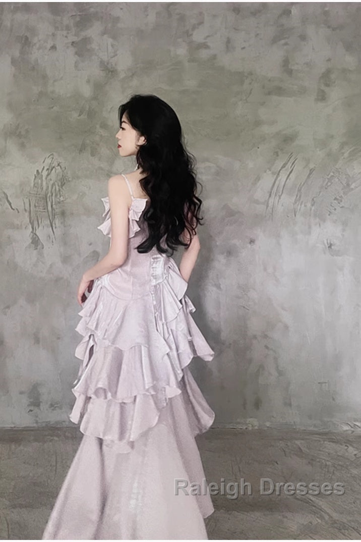 Pretty Irregular Ruffled Suspender Prom Dresses With Detachable Rose Long Birthday Dress For Women