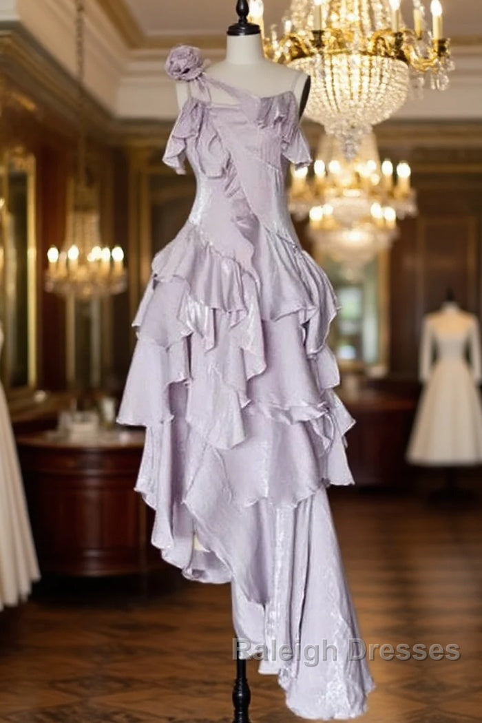 Pretty Irregular Ruffled Suspender Prom Dresses With Detachable Rose Long Birthday Dress For Women